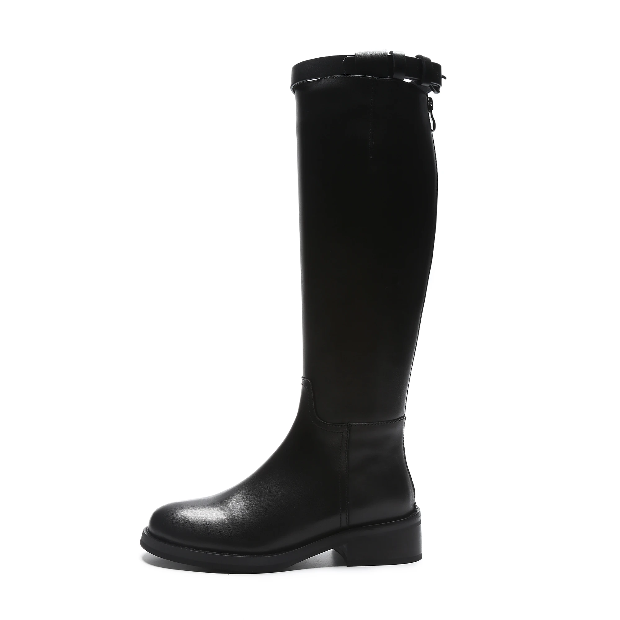 High Street Big Size Black Colors Genuine Leather Med Heels Western Riding Boots Round Toe Brand Luxury Zipper Knee-high Boots