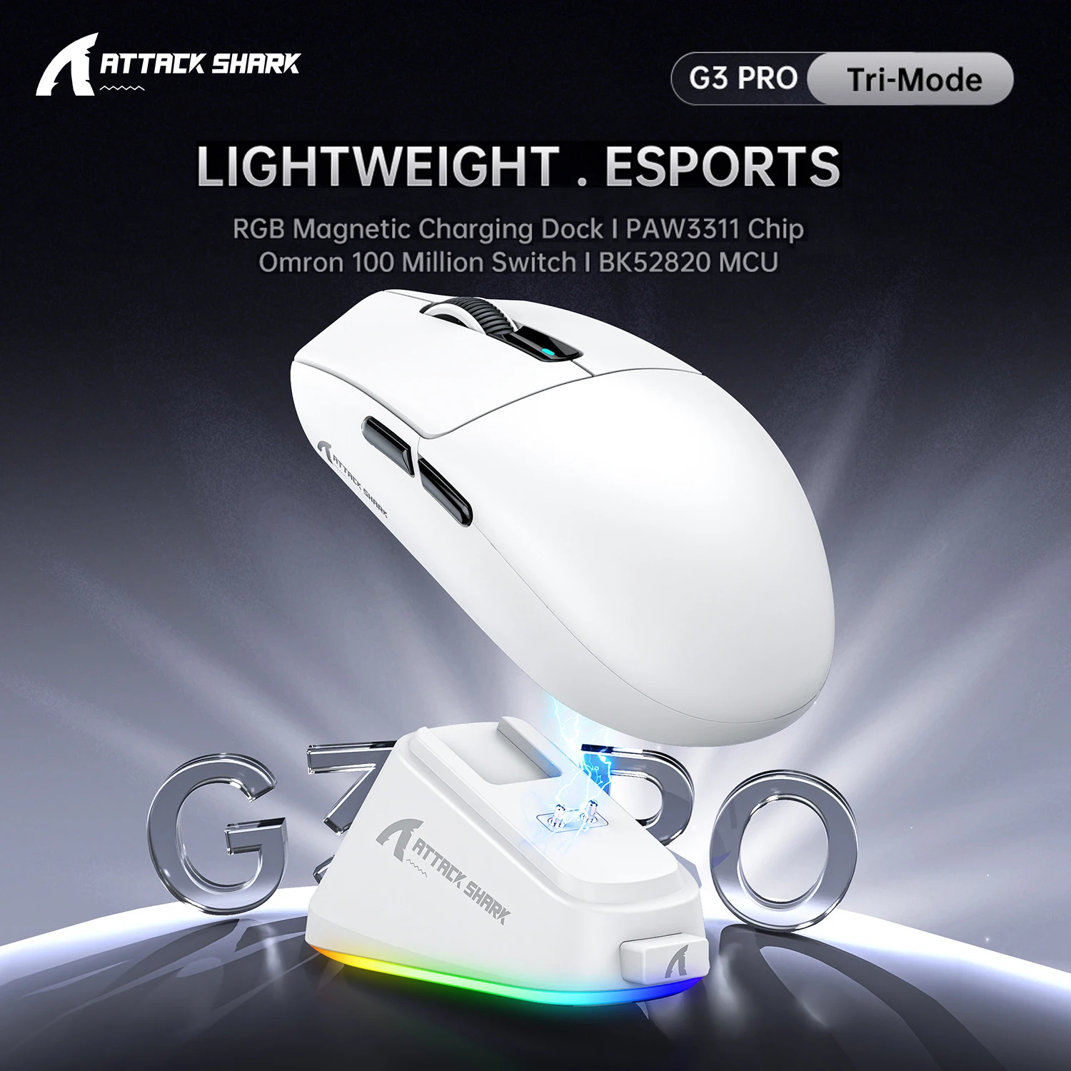 

Беспроводная мышь ATTACK SHARK G3 PRO, трехрежимный датчик PAW3311, 1 кГц, легкая игровая мышь с переключателем Omron, 500 мАч