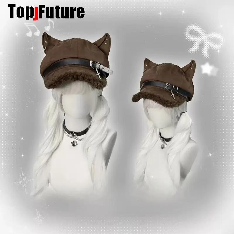 Original Wolf Puppy Ear Octagonal Beret Plaid Splicing Alt Punk Hat For Women Y2K Harajuku Gothic Grunge Kawaii Aesthetic Cap