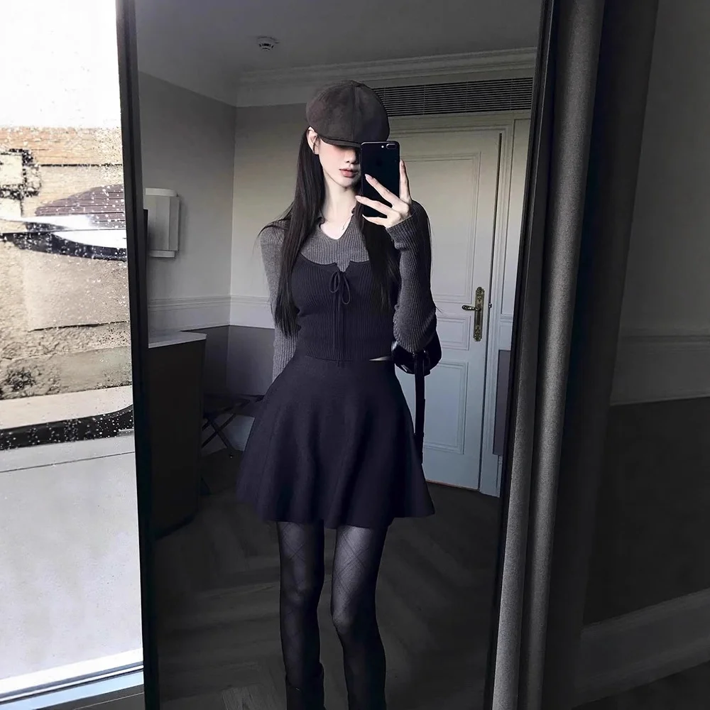 

Labelleblanc 25 Sles Slimming Versatile Long Sve Midi Skirt Set Fake Two-Piece Casual Wear Polyester Fiber Warmth Added