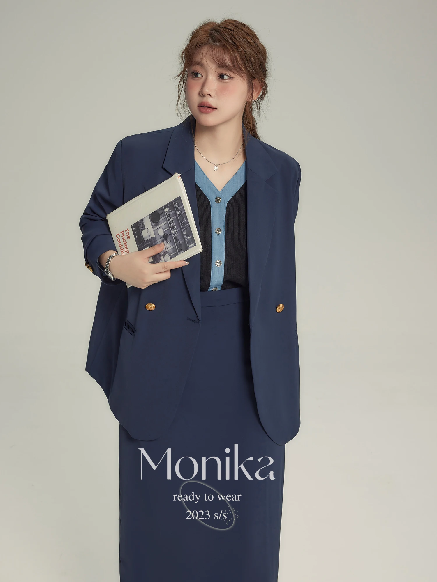 

Monika plus Size Women's Suiting Jacket And Midi Skirt Set Spring New Style Casual Korean Loose Fit Long Sleeve Single Button