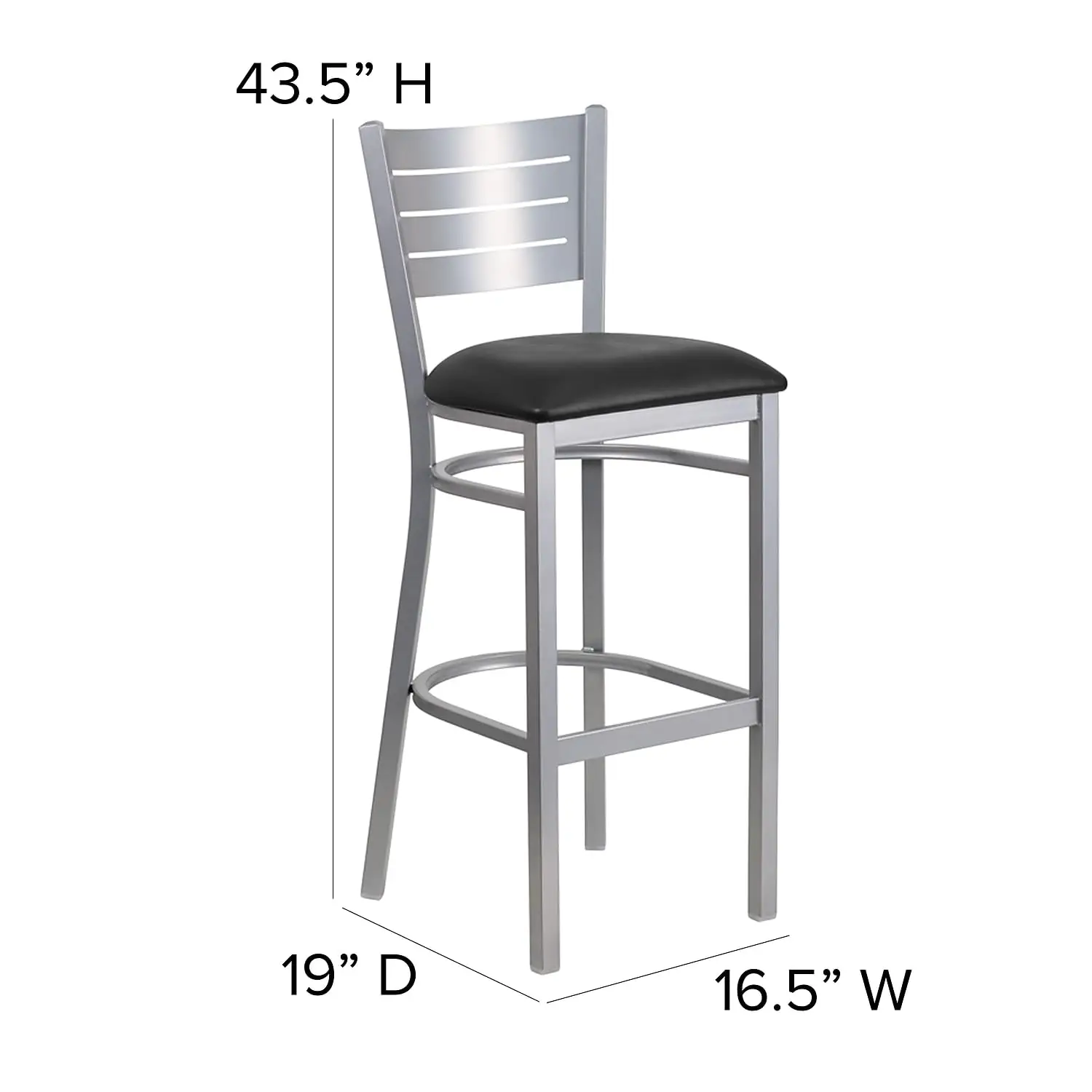 Silver Slat Back Metal Barstool With Black Vinyl Seat For Restaurant Bar, 2 Pack, Customized