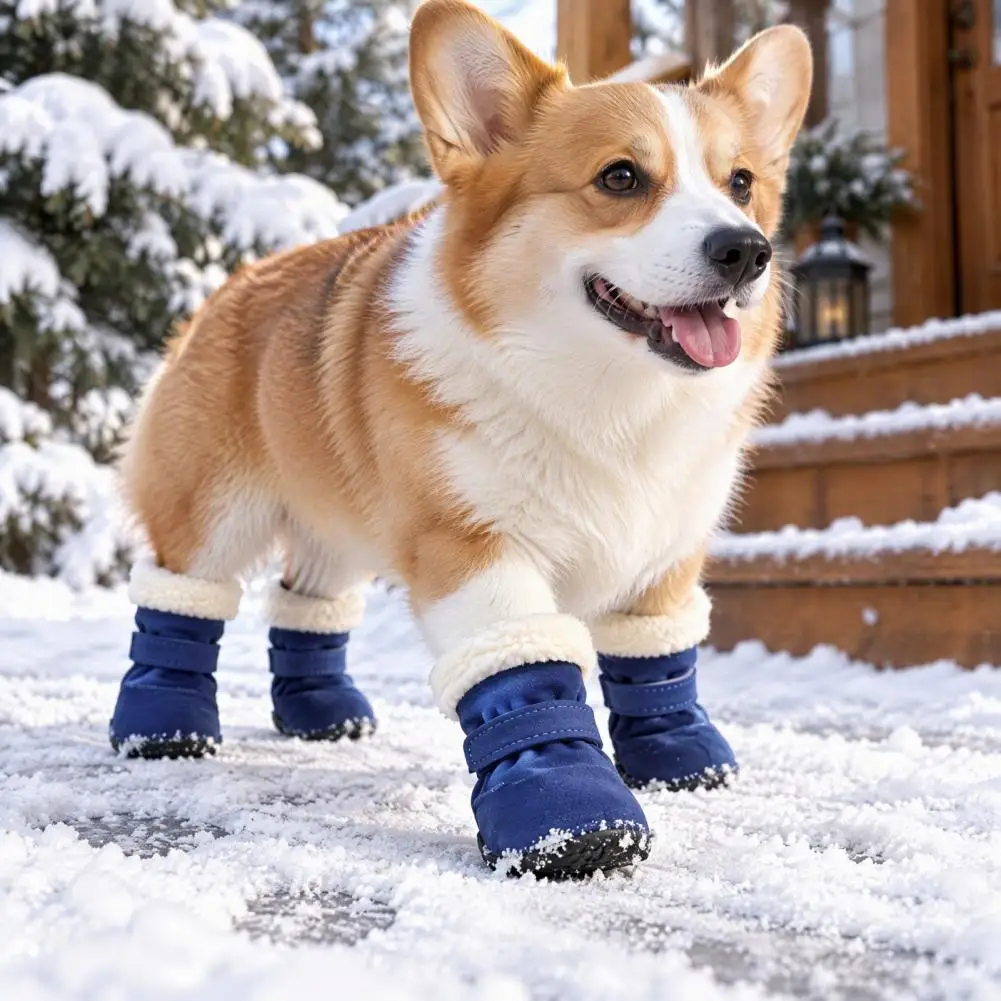 Dog Winter Boots Non Slip Pet Shoes 4pcs Winter Dog Booties with Fleece Lining Adjustable Paw Protectors Non-slip for Weather