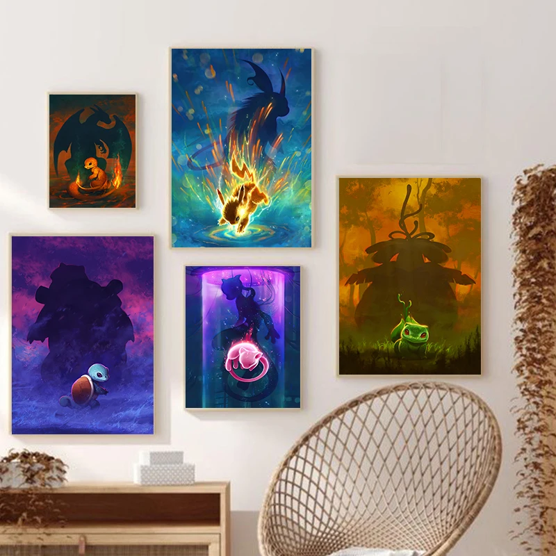 Pokemon Anime Cartoon Canvas Painting Pikachu Squirtle Mew Poster Print Mural Picture Wall Art Home Aesthetic Decor Gift Cuadros