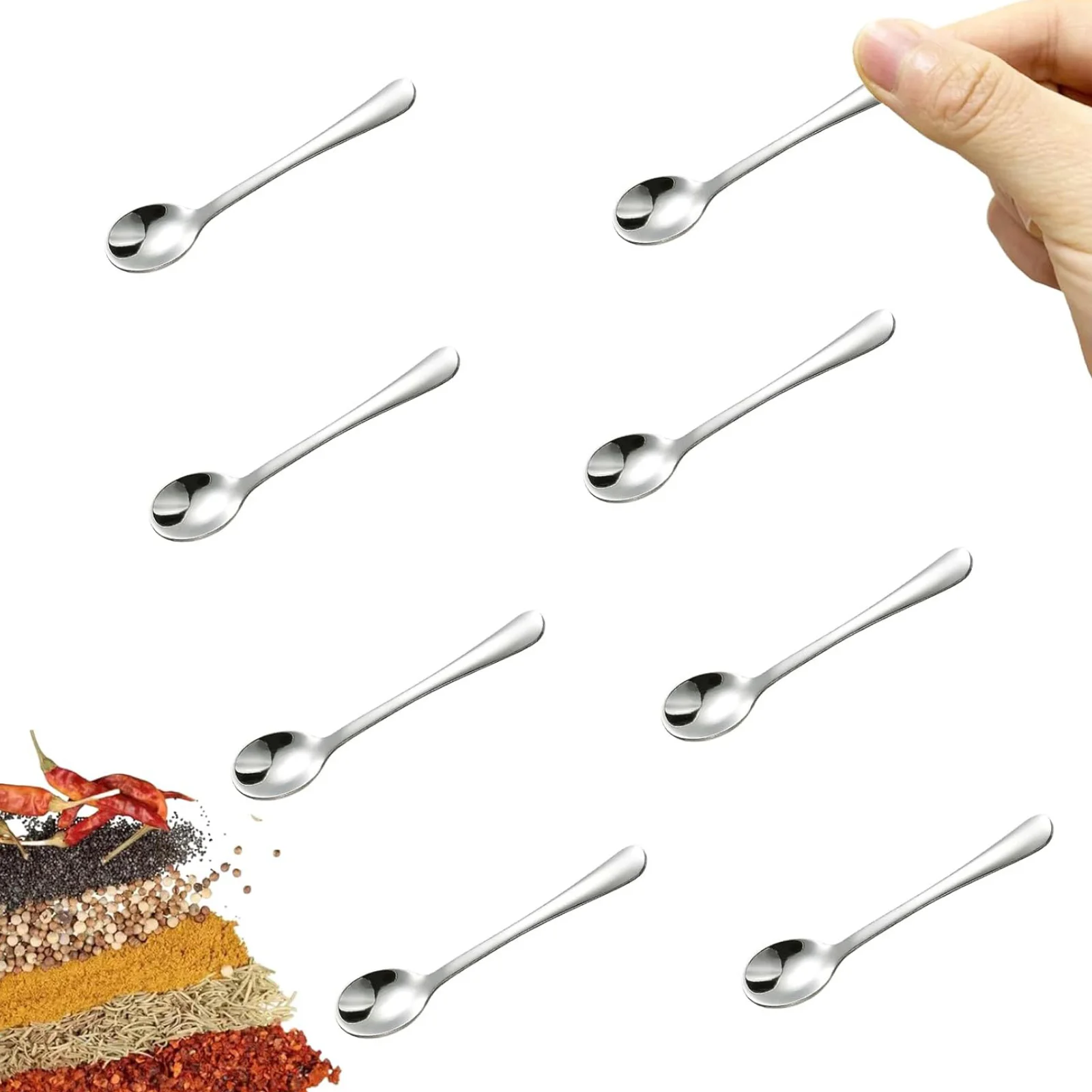 8 PCS Mini Stainless Steel Spoons for Spice Jars, Tiny 7.3cm Small Scoops for Salt, Sugar, Pepper, Honey, Cute Condiment Spoons