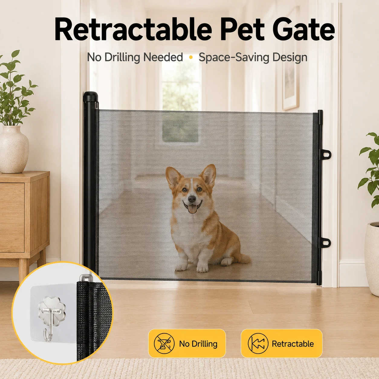 Retractable Pet Gate for Dogs Cats 70.9' Wide X 30.7' High Mesh Dog Gate for Doorways Hallways Kitchen Bedroom Adjustable Indoor Pet Barrier