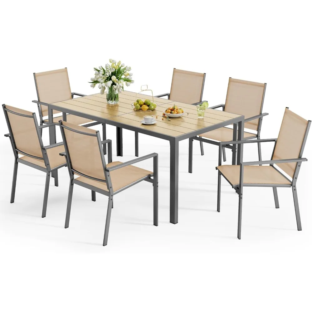 

Набор столов и стульев для патио на 6 человек. Обеденный набор на открытом воздухе. В комплект входит прямоугольный стол для патио 59,5 дюйма с боковым отверстием для зонта и 6 текстилей.