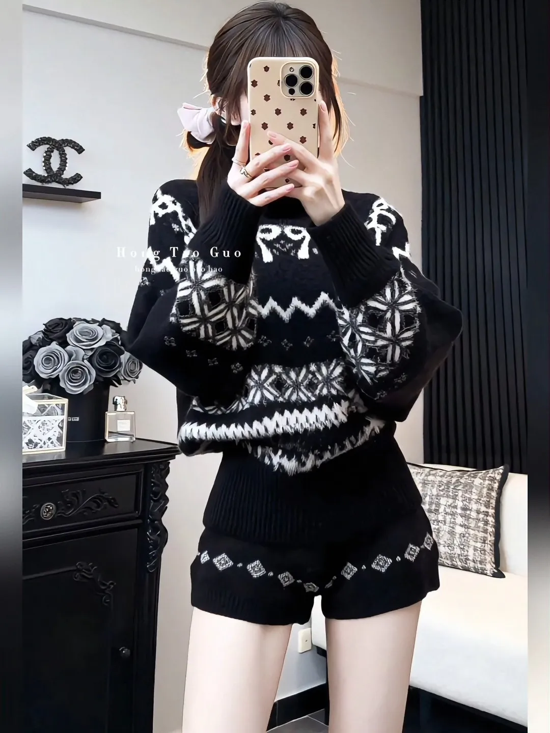 Black Fair Island Jacquard Knitted Sweater Shorts Two-piece Set Women's 2026 Set