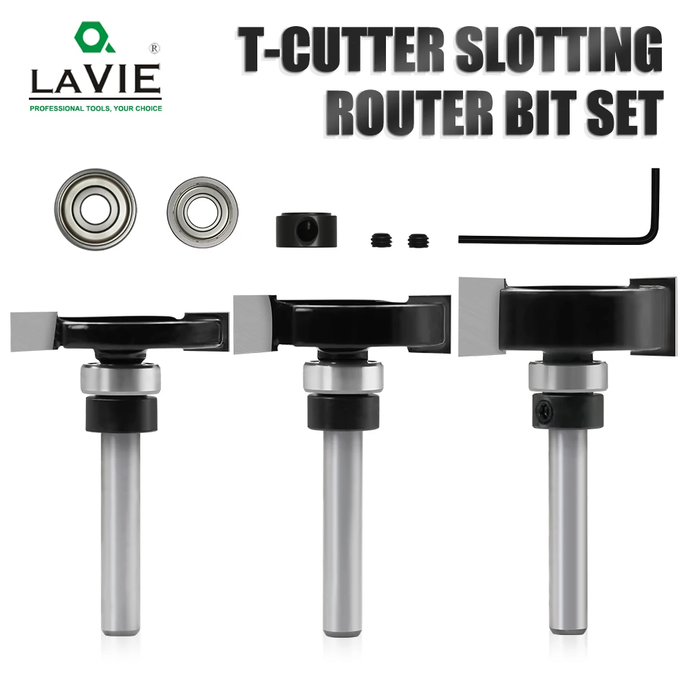 LAVIE T-Type Grooving Router Cutter, 1/4 Inch Shank With 15.9mm & 19mm Pilot Bearings, Woodworking Milling Tool Kit With Spanner