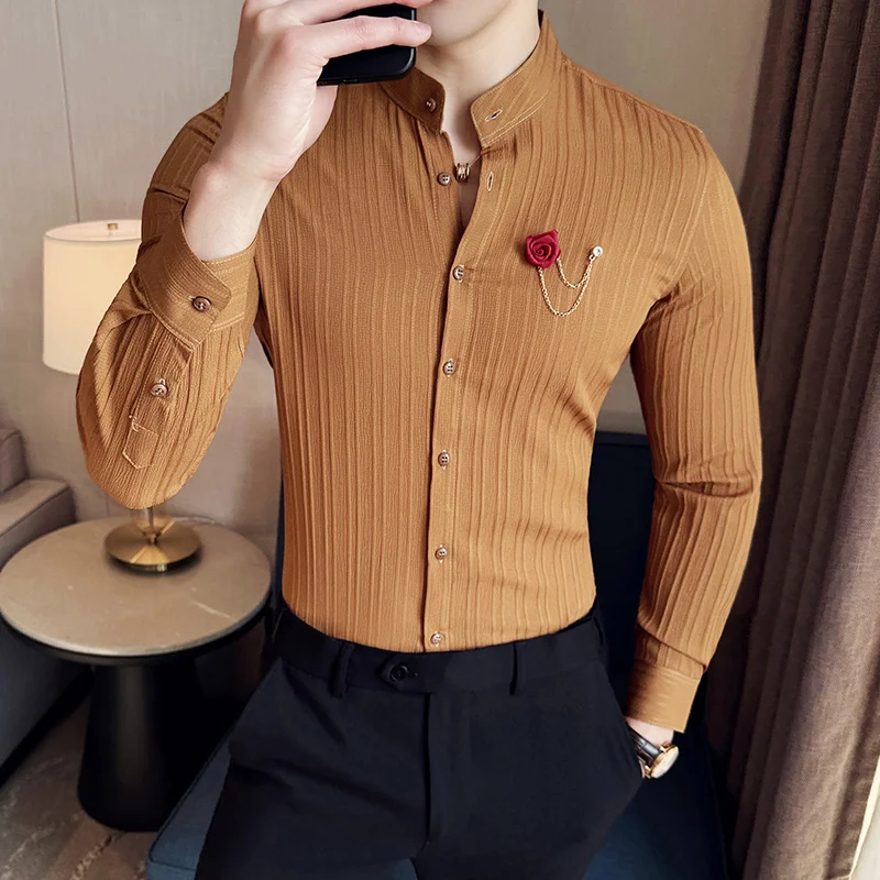 

Formal Shirts for Men Wedding Luxury Stand Collar Long Sleeve Party Blouses Solid Color Camisa Blouse Striped Men Designer 2024