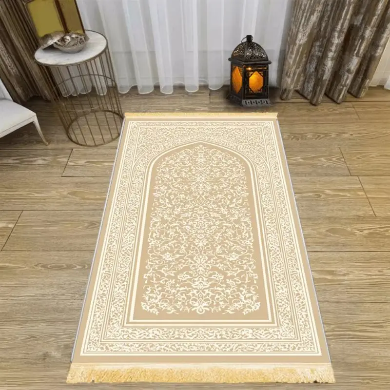 VIKAMA Muslim Prayer Mat Beige Floral Arch Print Tassel Sejadah Foldable Portable Worship Rug Ramadan Eid Home Carpet