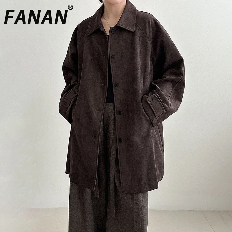 

Винтажный Тренч FANAN для женщин, однобортная ветровка с длинными рукавами и лацканами, офисные женские пальто средней длины, новинка осени 2023 г.