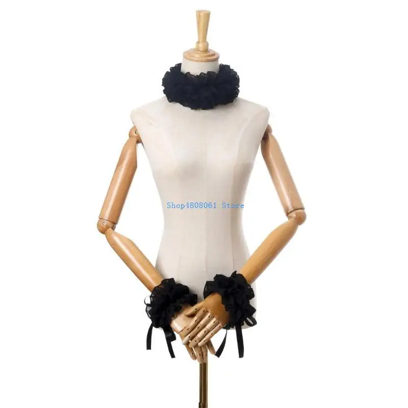 

T3LC Renaissances Clown Choker Collar Black Neck Ruff and Cuffs Set for Cosplay Event