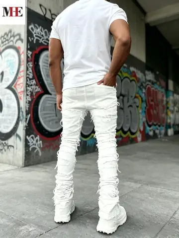 HME Men's White Denim Pants, Stacked Ripped Slim Flared Jeans with Layered Frayed Details