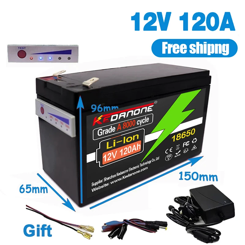 

12V Battery 120Ah 18650 lithium battery pack Rechargeable battery for solar energy electric vehicle battery+12.6v3A charger