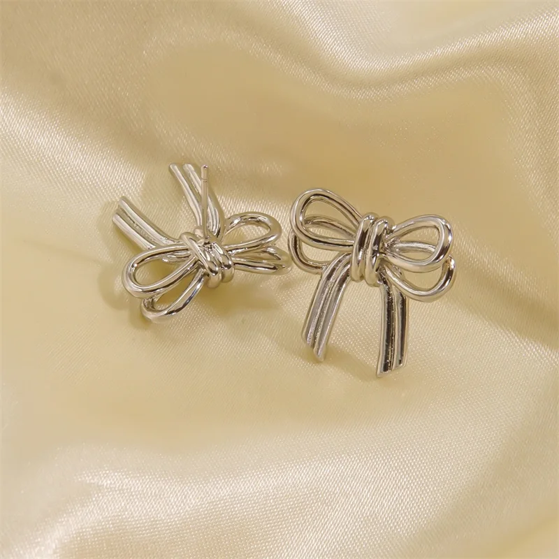 Vintage Double Bowknots Stud Earrings for Women Classic Gold Color Twisted Bow Earring Piercing 2024 Trendy Cute Jewelry Gifts
