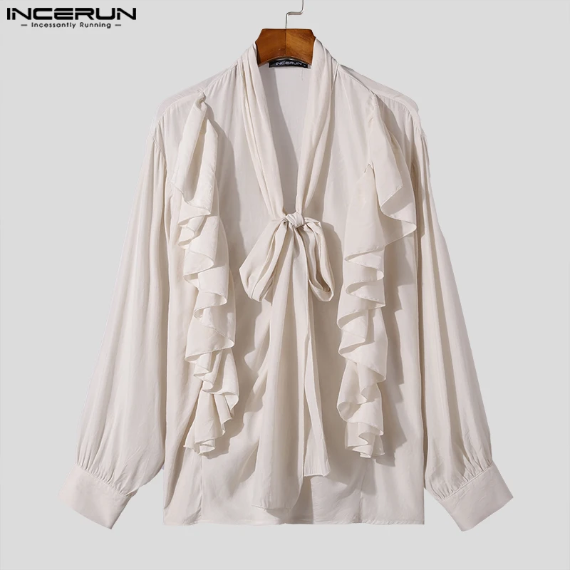 INCERUN Men Shirt Solid Color Ruffle V Neck Lace Up Long Sleeve Men Clothing Streetwear 2024 Loose Fashion Party Casual Shirts