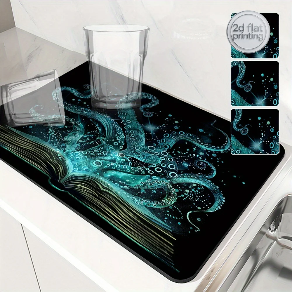 1 unidade Tapete Absorvente em Formato de Livro com Tema Polvo Oceânico, Tapete de Secagem para Cozinha, Base para Chá, Base para Café, Tapete Absorvente para Banheiro, Escorredor de Utensílios