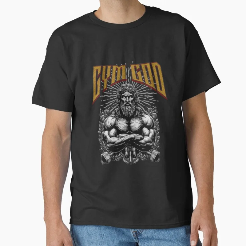 

Dumbbell Ancient Greek god Zeus Gym Short-sleeve crewneck T-shirt for men large size Adult Tops S-6xl