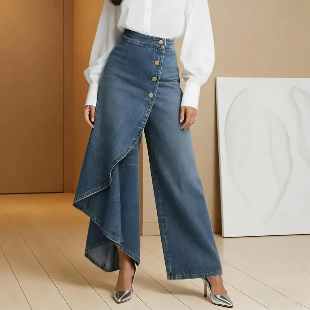High Waisted Wide Leg Jeans Women High Waist Jeans Flowy High Waisted Jeans for Women Asymmetrical Wrap Denim Pants with Button