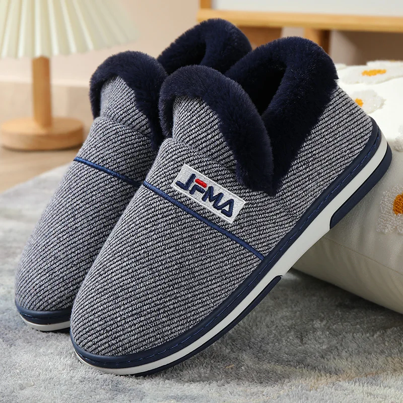 Winter Home Men Slippers Stripe Warm Shoes Furry Indoor Slippers Plus Size Male House Slippers Wrapped Heel Platform Sole 46/47