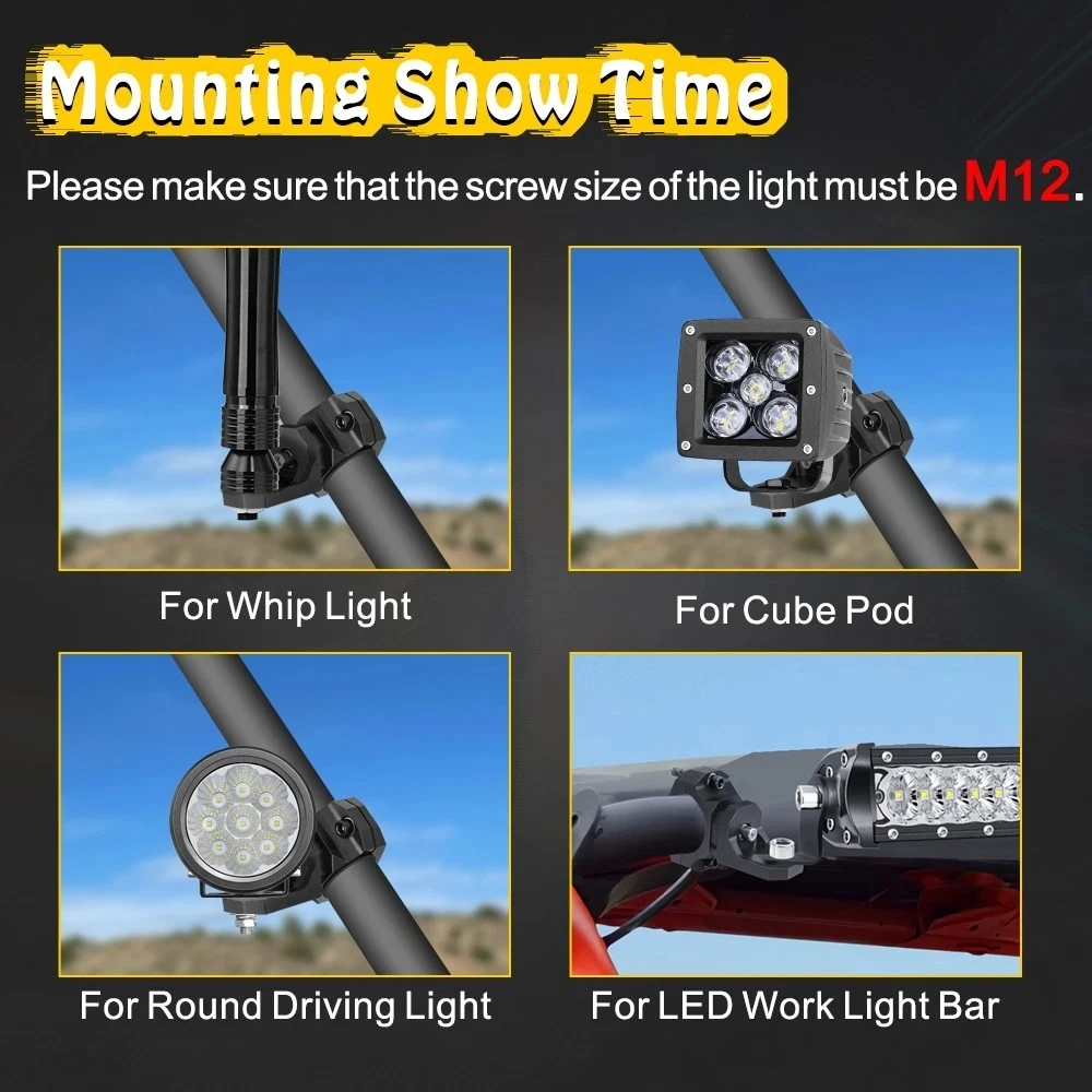 2PCS UTV ATV Whip Light Flag Mount Bracket Support Stent for 1.65"/1.86"/2"/2.4" Roll Bar Motorcycle Headlight Fog Light Mount