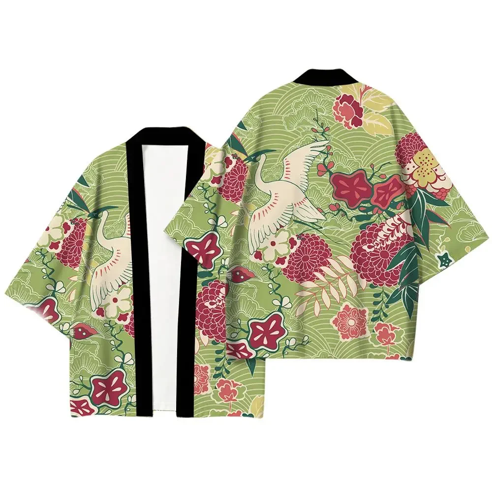 Traditional Crane Wave Print Kimono Floral Pattern Vintage Japanese Style Clothes Men Women Loose Comfortable Casual Cardigan