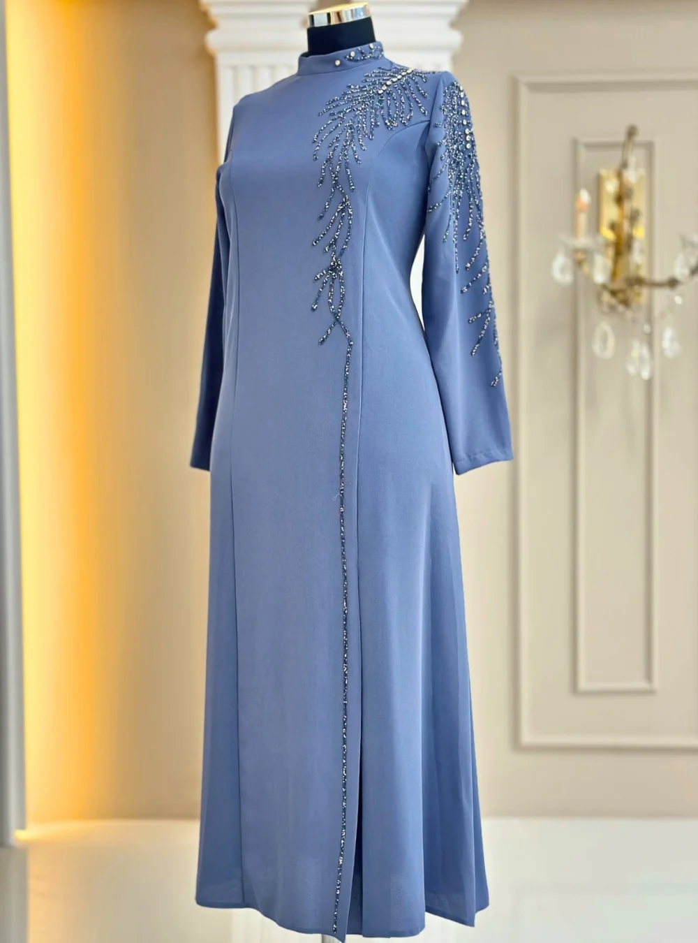 Customized Formal Jersey Pleat Sequined Pattern A-line High Collar Midi Bespoke Occasion Prom Dresses Chinese Style