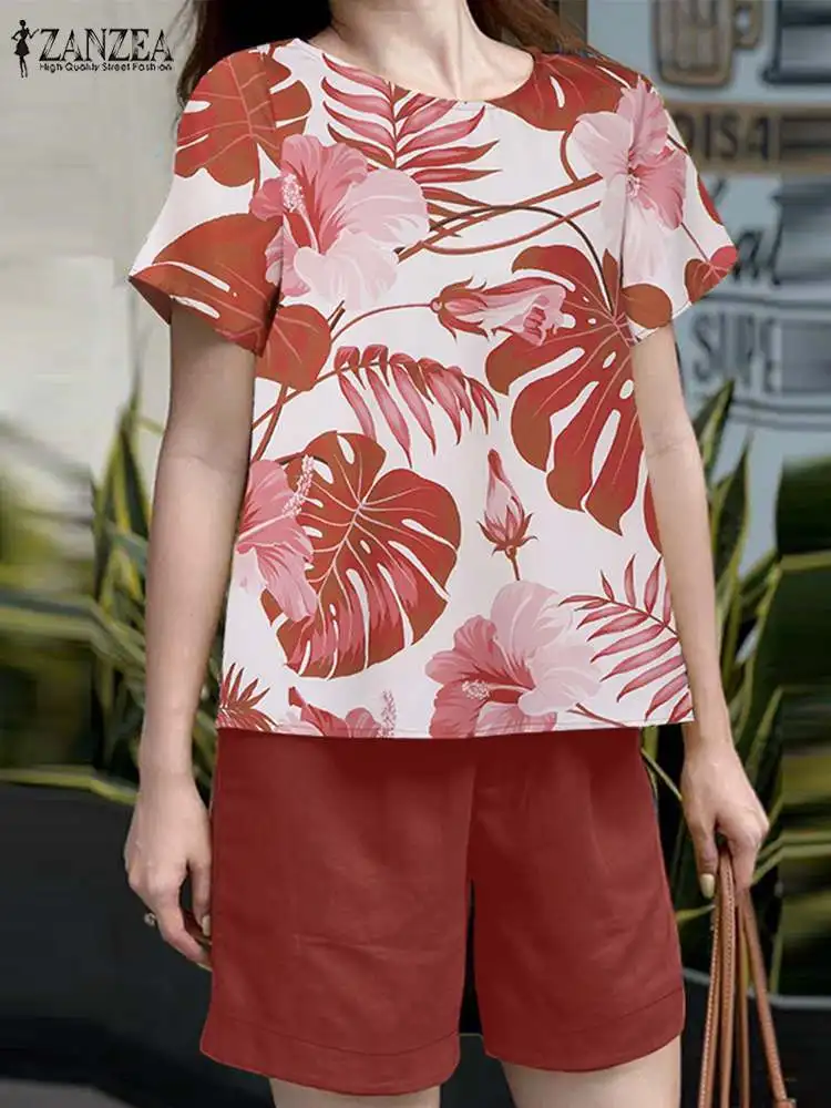 ZANZEA-Tops estampas florais e conjuntos de shorts, roupas casuais, estilo coreano, shorts soltos, sólidos, diário, feriado, 2 peças, verão, 2024