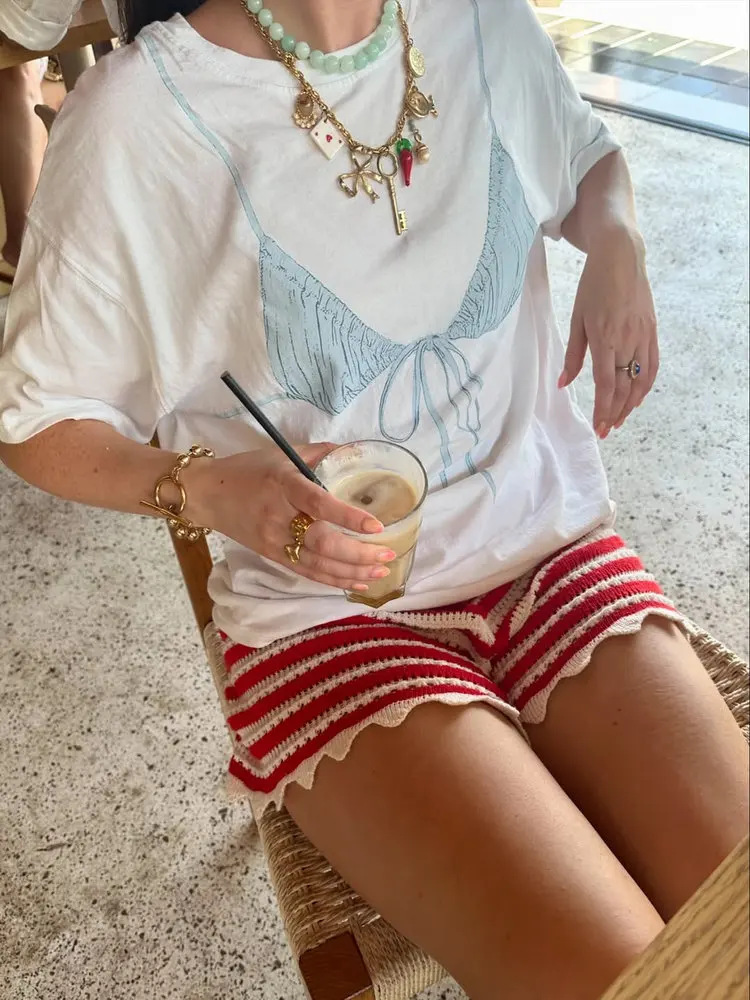 American Vintage Summer OOTD Bikini Print Spicy Girl ort Sve T-irt Women's Trendy Streetwear Oversize Cotton round Ne