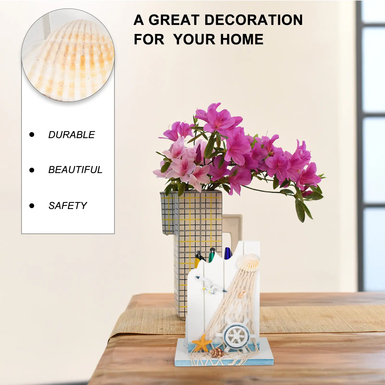 Creative Mediterranean Style Wooden Pen Holder Desktop Organizer Pencil Stationery Container Office Home Desk Decoration
