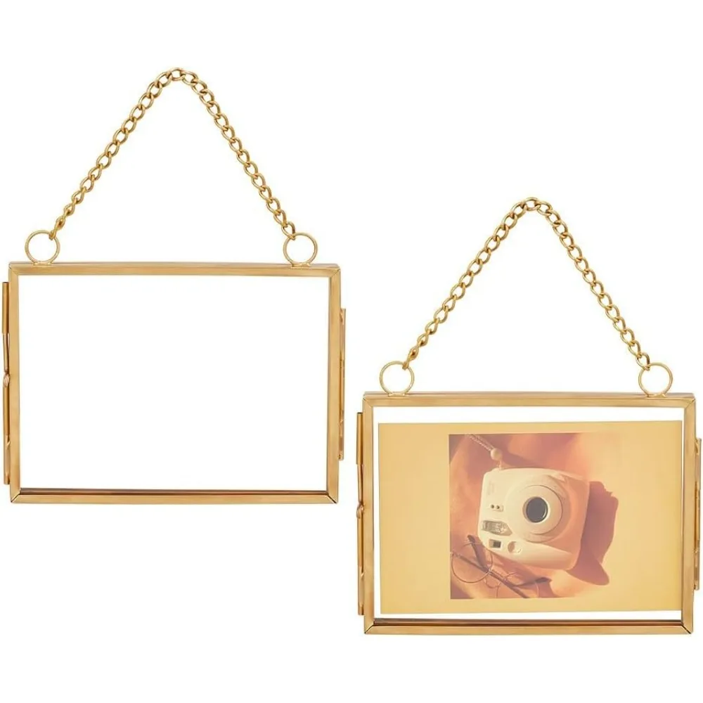 2Pcs Wall Hanging Mini Photo Frames 3.2x3.9 inch Double Glass Picture Frame with Chain Alloy Folding Frame DIY Vintage Artwork