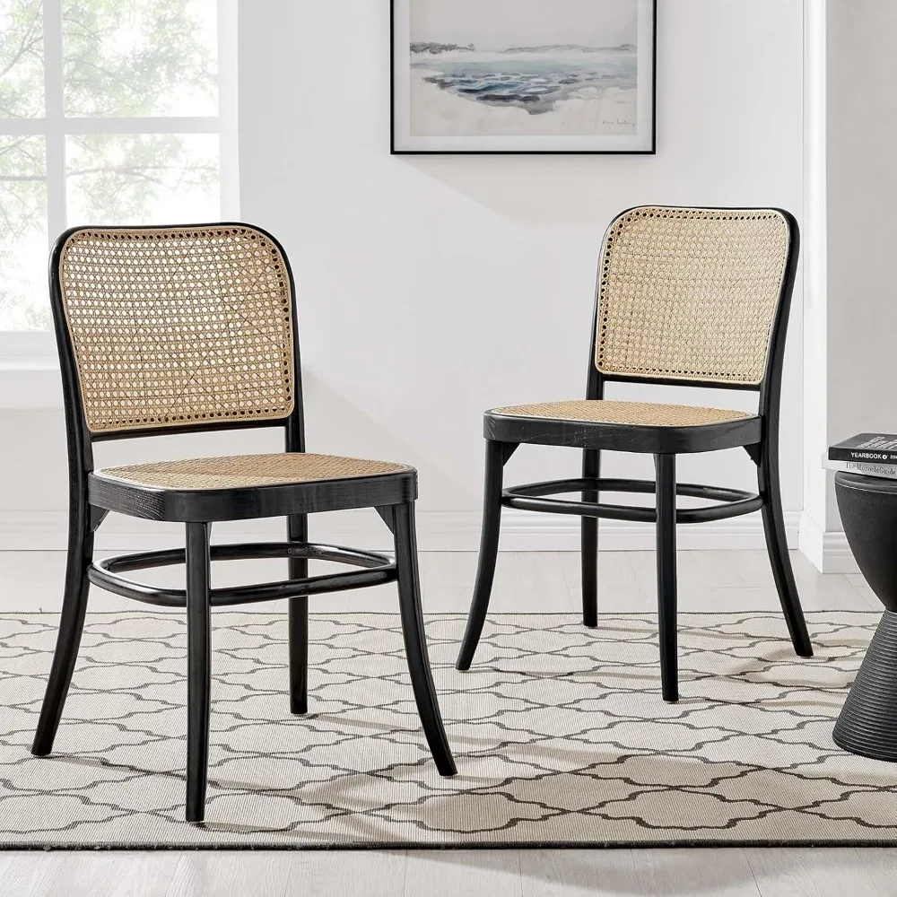 Elegante Esszimmerstühle aus Ulmenholz mit Rattansitz, 2er-Set, Schwarz, bequem und langlebig für den täglichen Gebrauch