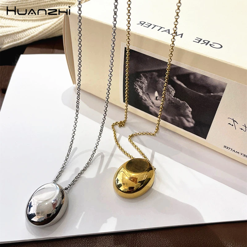 HUANZHI Sliver Color Oval Metal Pendant Necklace Long Sweater Chain Fashion Popular Style for Women Chunky Vintage Jewelry