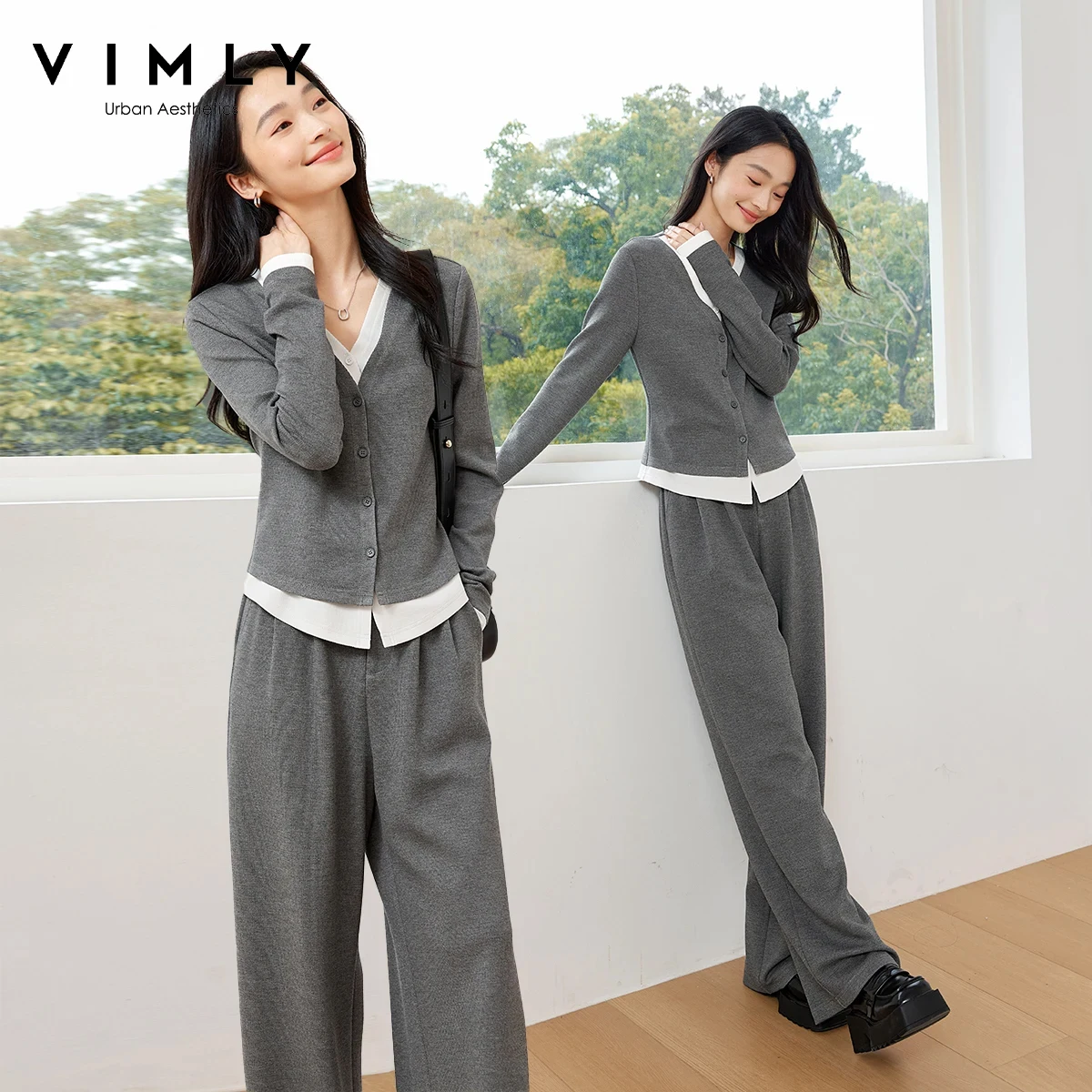 

VIMLY женский офисный женский комплект из двух предметов, осенний повседневный комплект из двух предметов с v-образным вырезом, длинные брюки, комплект футболки, простой модный комплект