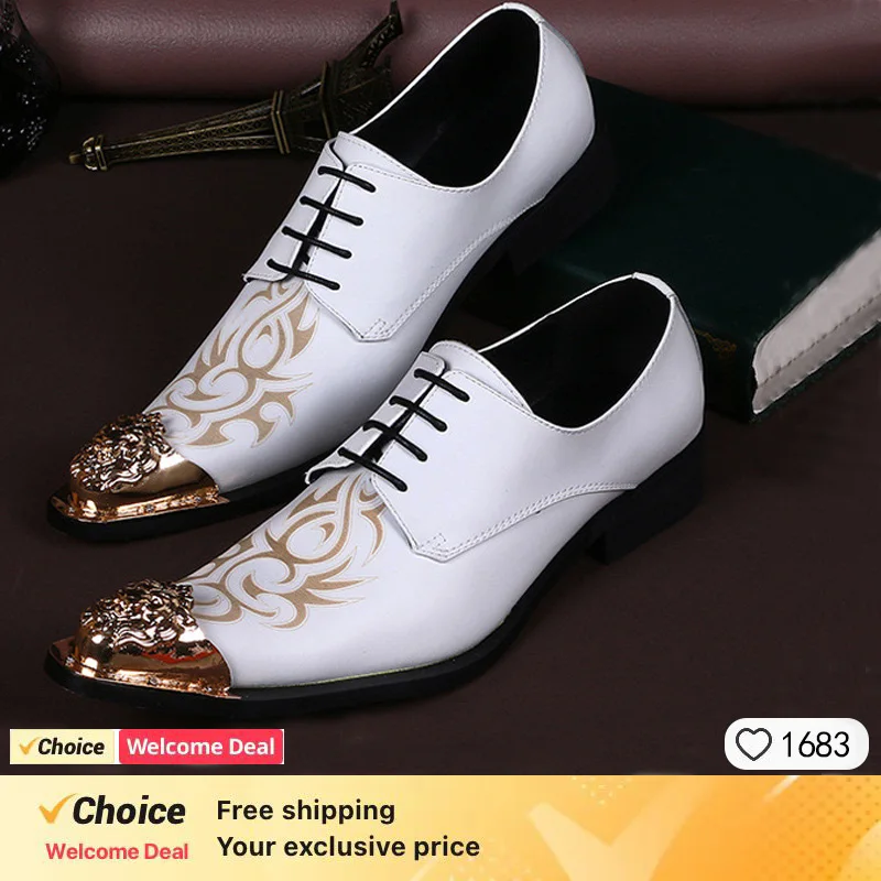 

New Handmade Men white Gentleman Luxury shoes and Gold Top Fashion Prom and Banquet men dress shoes men's flats