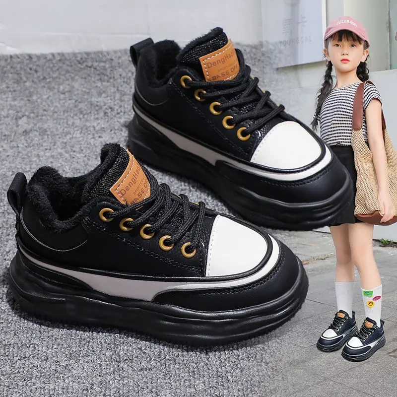 Girls' Autumn and Winter Cashmere Warm Soft Sole Non-slip Boy High Top Thick Sole Casual Children's Cotton Sports Shoes