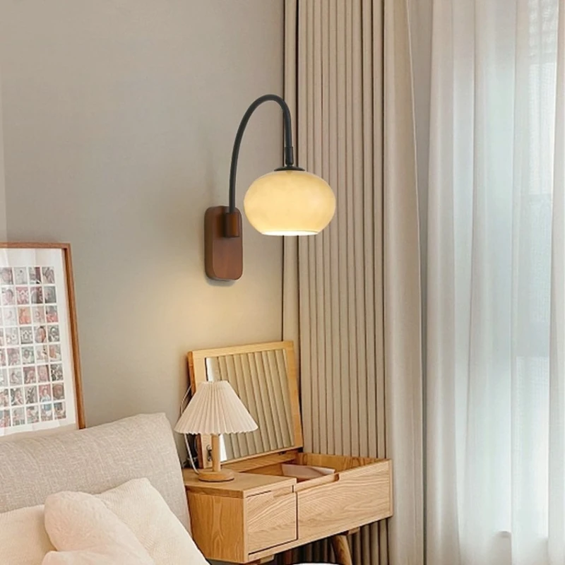Nordic French Retro Solid Wood Glass Wall Lamp E27 LED Ideal for Bedroom Living Room Corridor Home Decorative Lighting Fixture