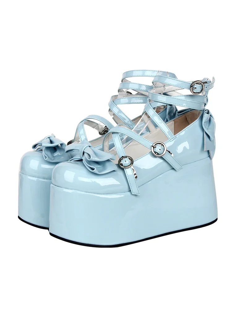 2025 Princess Shoes Lolita Women's Lace Bow Western Sponge Cake Shoes Sky Blue Lacquer Leather Sweet Girl Tea Party Single Shoes