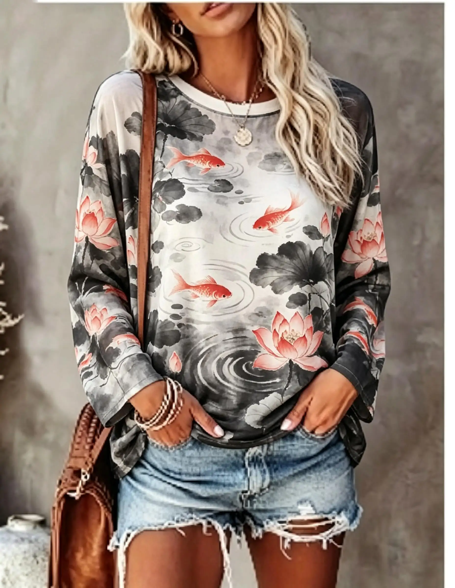 Women Long Sleeve T Shirt Chinese Dragon Wave Mountain Ink Wash Art Print Crew Neck Casual Fall Tops