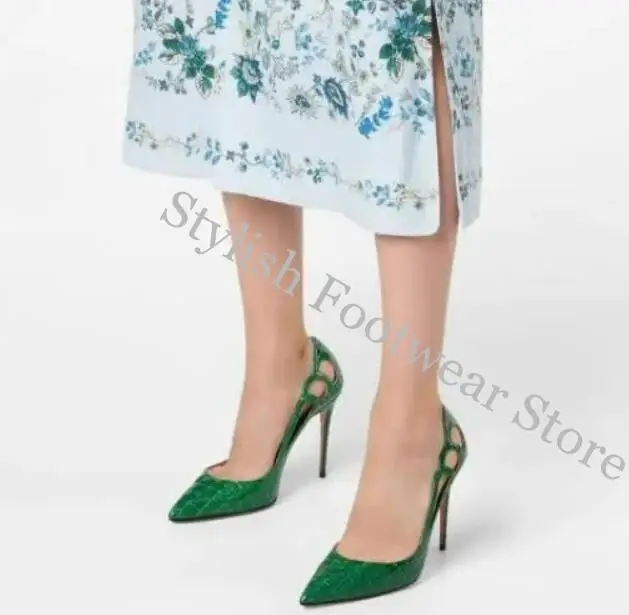 Grass Green Stone Patent Leather Peacock Tail Cutout Pumps Women Stiletto High Heels Pointed Toe Slip On Banquet Shoes
