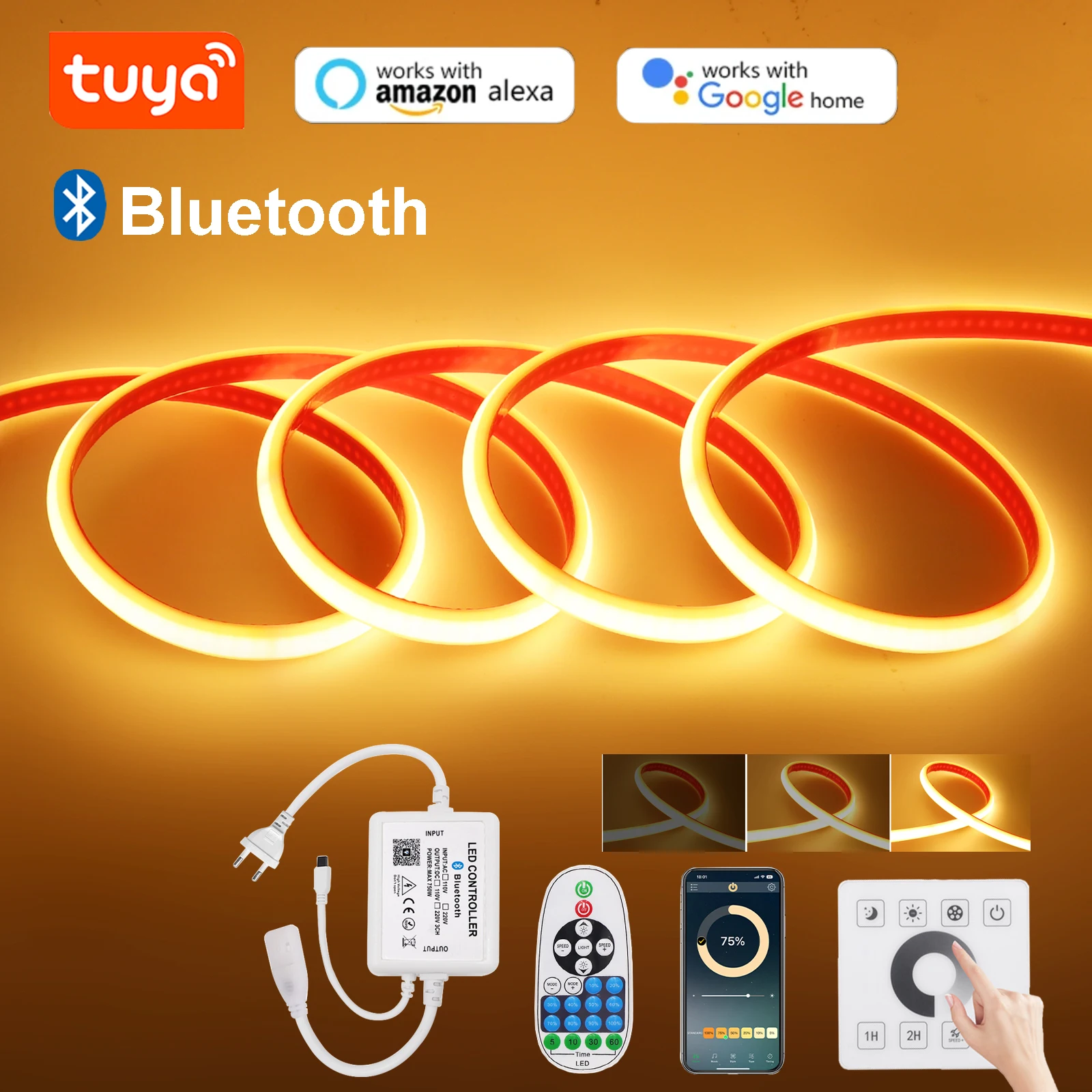 

Tuya APP WIFI Bluetooth Touch Remote Dimmable COB LED Strip Light 220V With Adhesive Tape 240LEDs/M Waterproof Flexible Ribbon