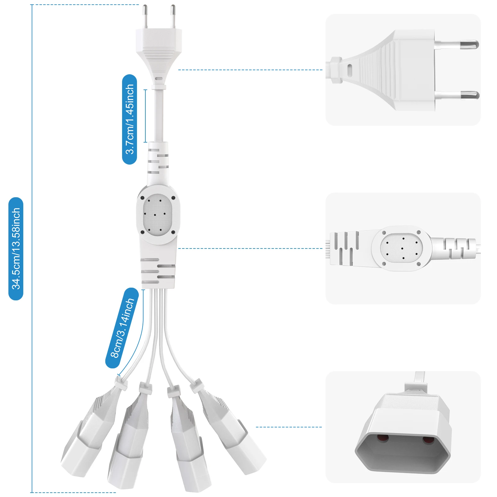 Euro Plug Extension Cable, 1 to 4 EU Extension Power Cable Type C Plug Euro Plug to Euro Socket 250V for TV Monitor Computer