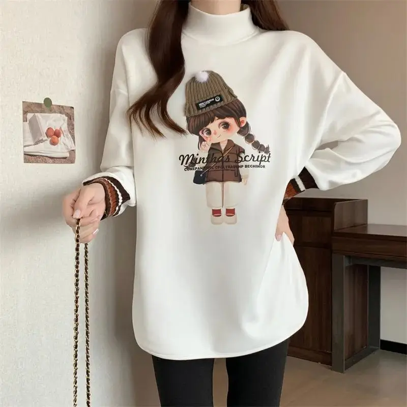 autumn Winter casual oversized T-shirts cartoon print Thicken women Long Sleeve bottoming T shirt warm Velvet y2k Top streetwear