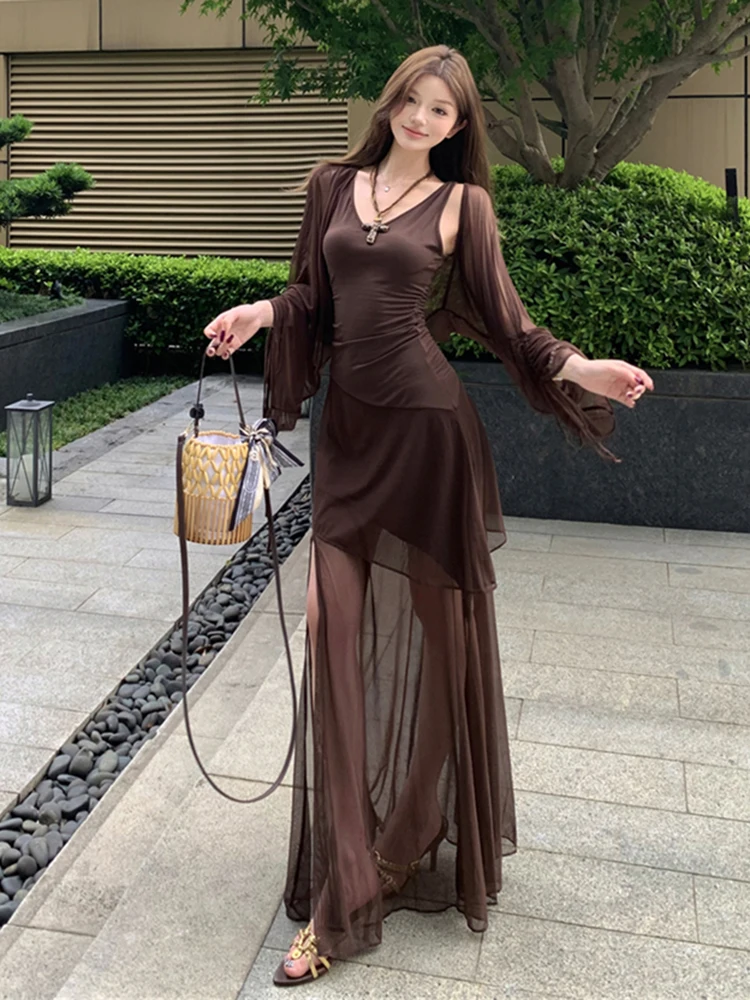

Retro Sexy Two Piece Sets Women Long Sleeve Lace Up Pleats Sun Protection Cardigan Vintage Slit V Neck Mesh Patchwork Slim Dress