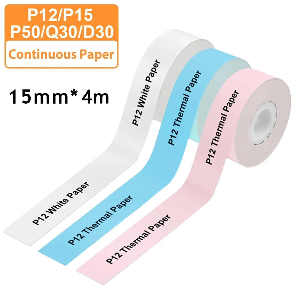 Papier d'étiquettes continu 15mm x 4m, 3 pièces, adapté à l'imprimante P12 P15 Phomemo D30 Q30, autocollant thermique auto-adhésif étanche