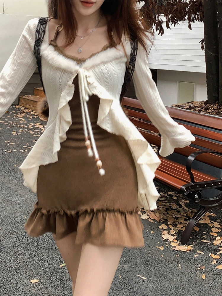 

American Retro 2 Piece Dress Sets Women Long Sleeve Cardigan + Mini Dress Spring French Elegant Vintage Suits Korean Fashion