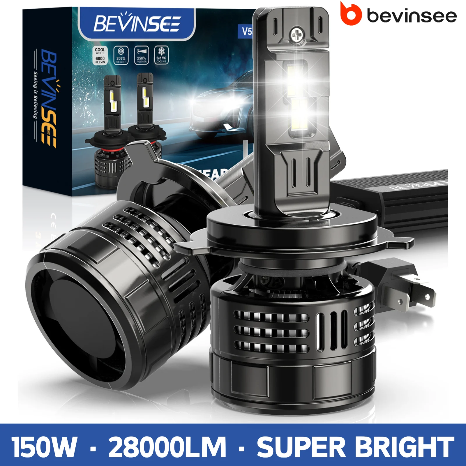 BEVINSEE H4 H7 LED Headlight Bulbs CANBUS 150W 28000LM Super Bright H11 9005 HB3 9006 HB4 9012 HIR2 LED Lights For Car 6000K 12V