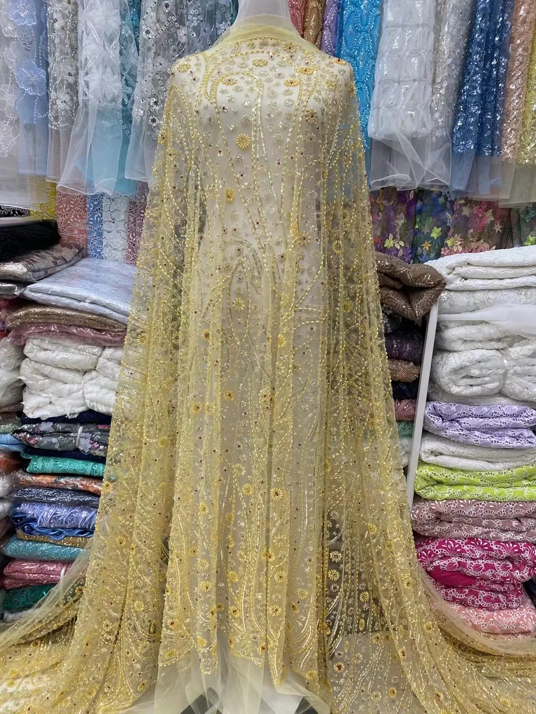 

Африканский нигерийский тюль, кружева ткань, вышивка блестками, Французская ткань для шитья, 5 ярдов, 2024