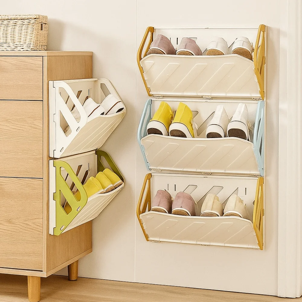 Durable Plastic Folding Shoe Rack No Punching Space Saving Wall-Mounted Shoe Rack Large Capacity Door Shoe Rack Entryway